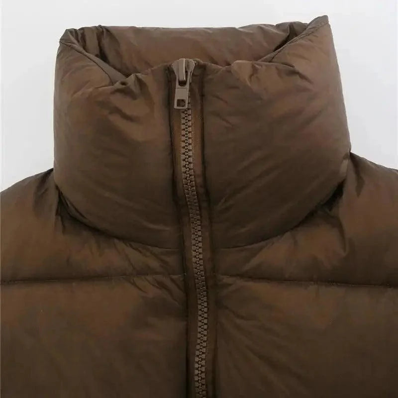 New Chic Lady Fashionable Women's Casual High Collar In Coffee Color Short Outwear Zippers Sleeveless Jackets Vest Stevvex