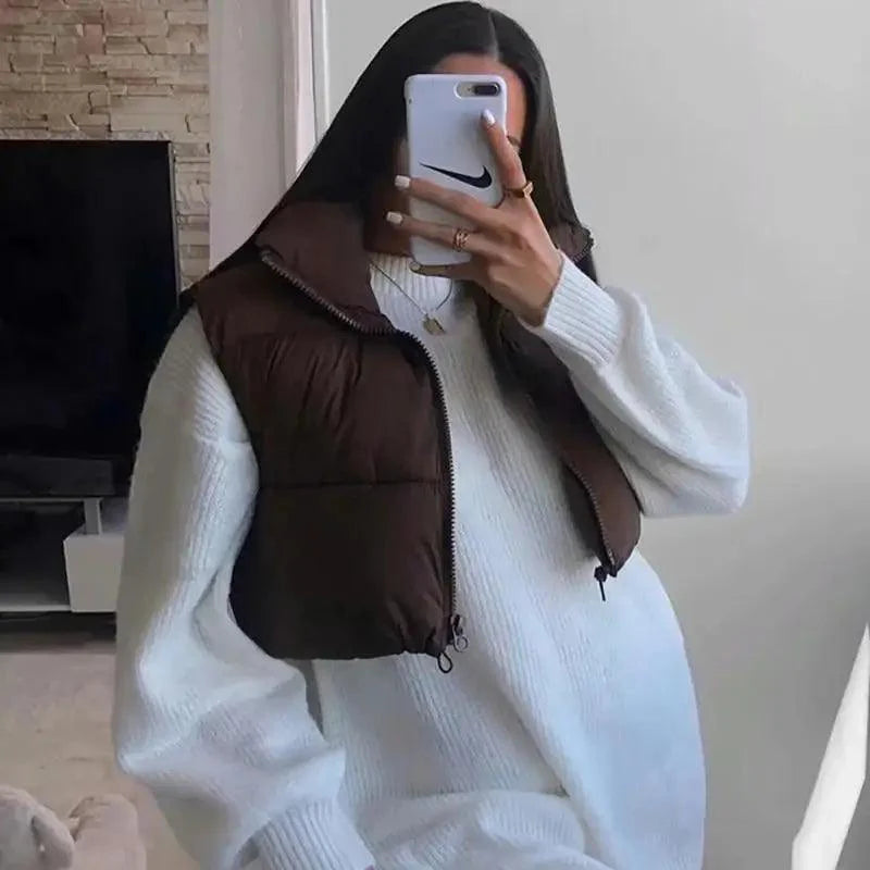 New Chic Lady Fashionable Women's Casual High Collar In Coffee Color Short Outwear Zippers Sleeveless Jackets Vest Stevvex