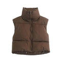 New Chic Lady Fashionable Women's Casual High Collar In Coffee Color Short Outwear Zippers Sleeveless Jackets Vest Stevvex
