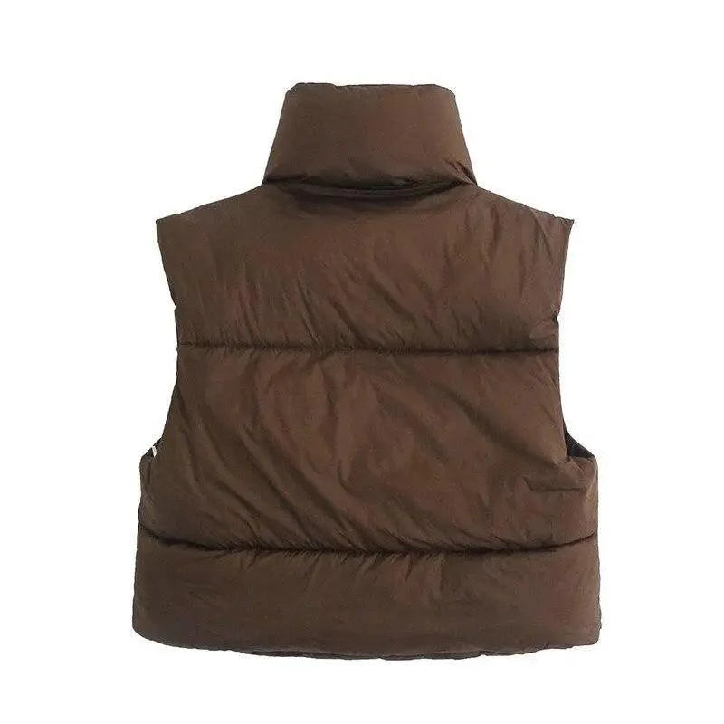 New Chic Lady Fashionable Women's Casual High Collar In Coffee Color Short Outwear Zippers Sleeveless Jackets Vest Stevvex