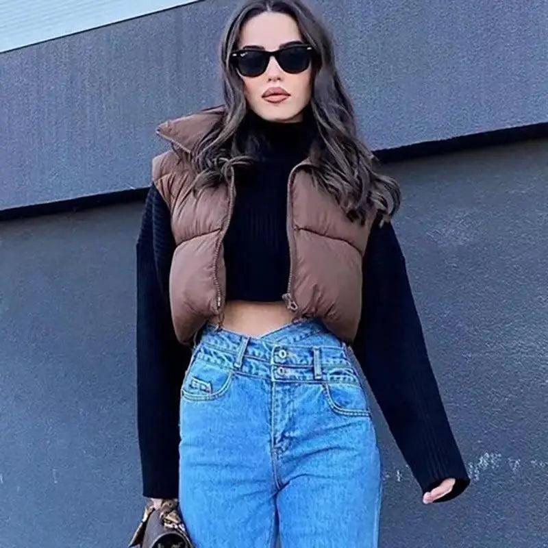 New Chic Lady Fashionable Women's Casual High Collar In Coffee Color Short Outwear Zippers Sleeveless Jackets Vest Stevvex