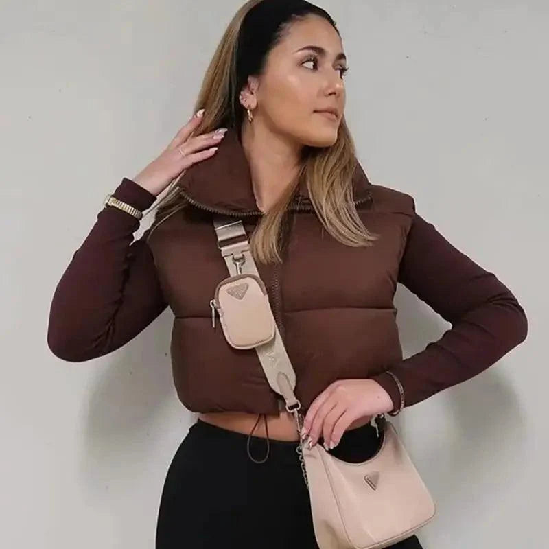 New Chic Lady Fashionable Women's Casual High Collar In Coffee Color Short Outwear Zippers Sleeveless Jackets Vest Stevvex
