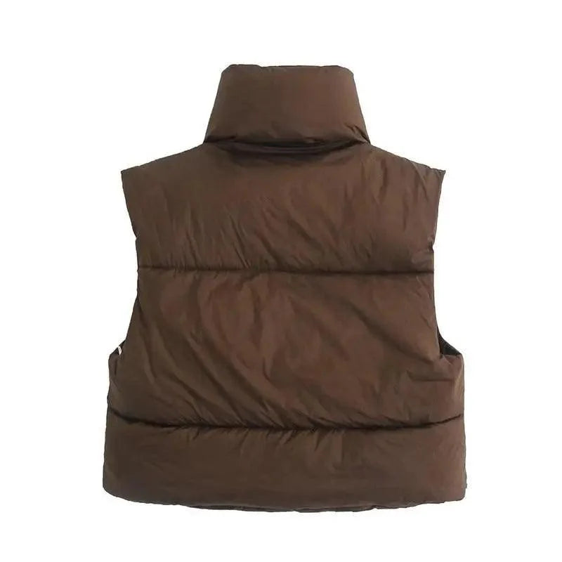 New Chic Lady Fashionable Women's Casual High Collar In Coffee Color Short Outwear Zippers Sleeveless Jackets Vest Stevvex