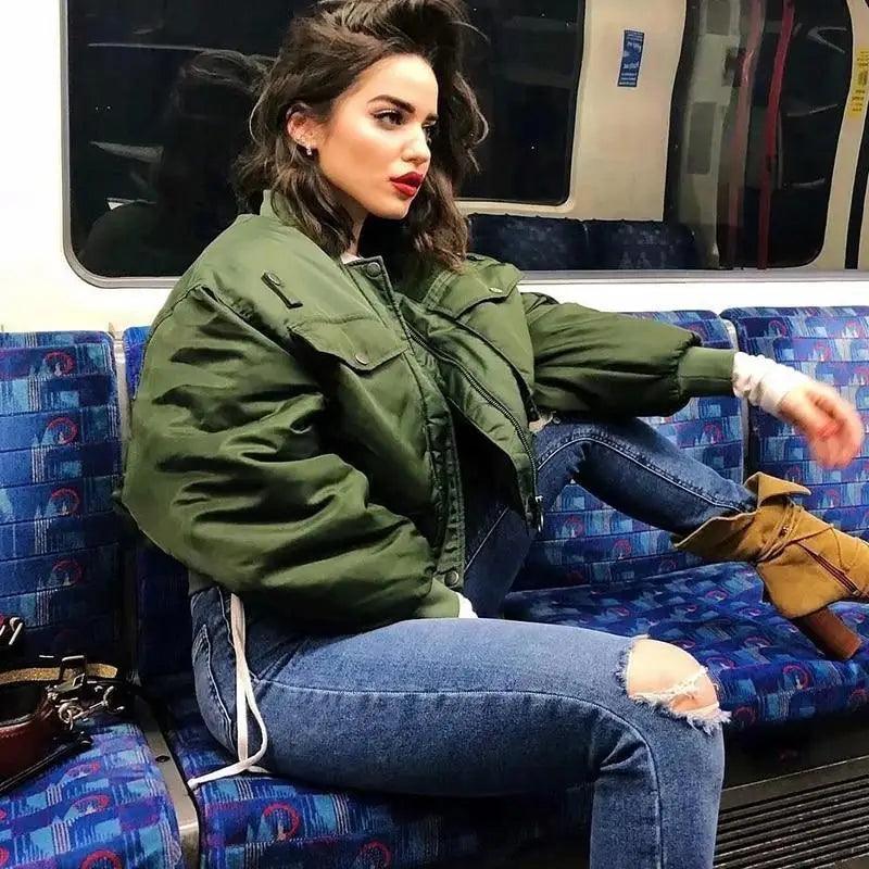 New Classic Design Autumn Winter Green Short Jackets Women Fashionable Long Sleeve Zipper Bomber Jacket Outwear Women's Coat Stevvex