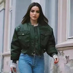 New Classic Design Autumn Winter Green Short Jackets Women Fashionable Long Sleeve Zipper Bomber Jacket Outwear Women's Coat Stevvex