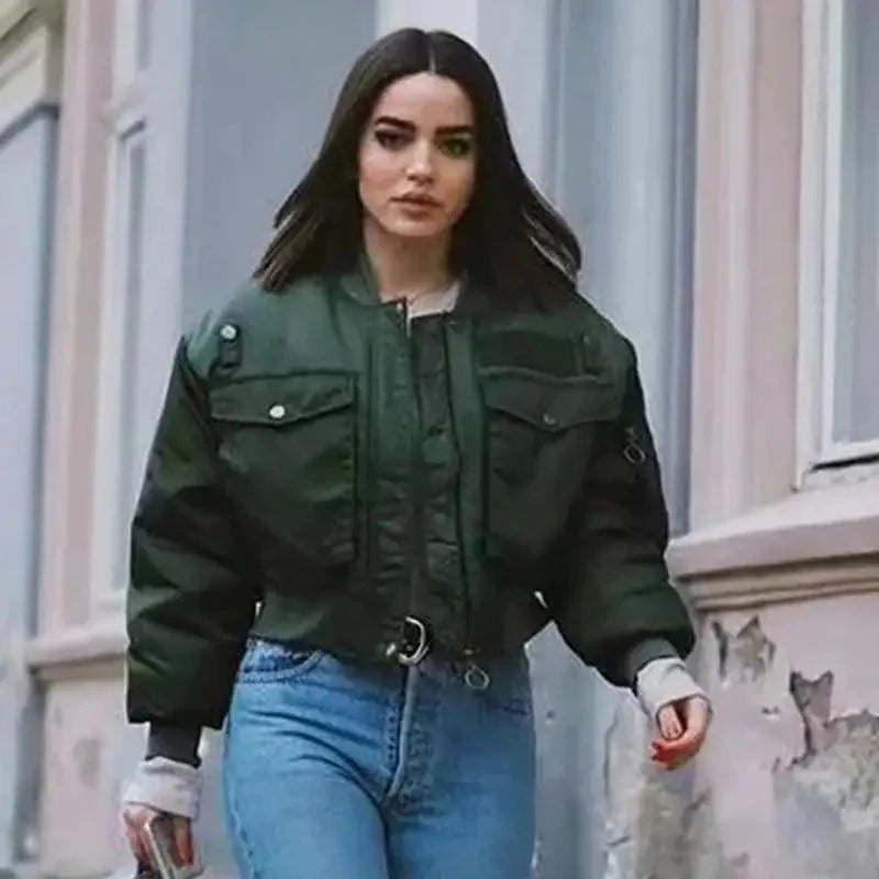 New Classic Design Autumn Winter Green Short Jackets Women Fashionable Long Sleeve Zipper Bomber Jacket Outwear Women's Coat Stevvex