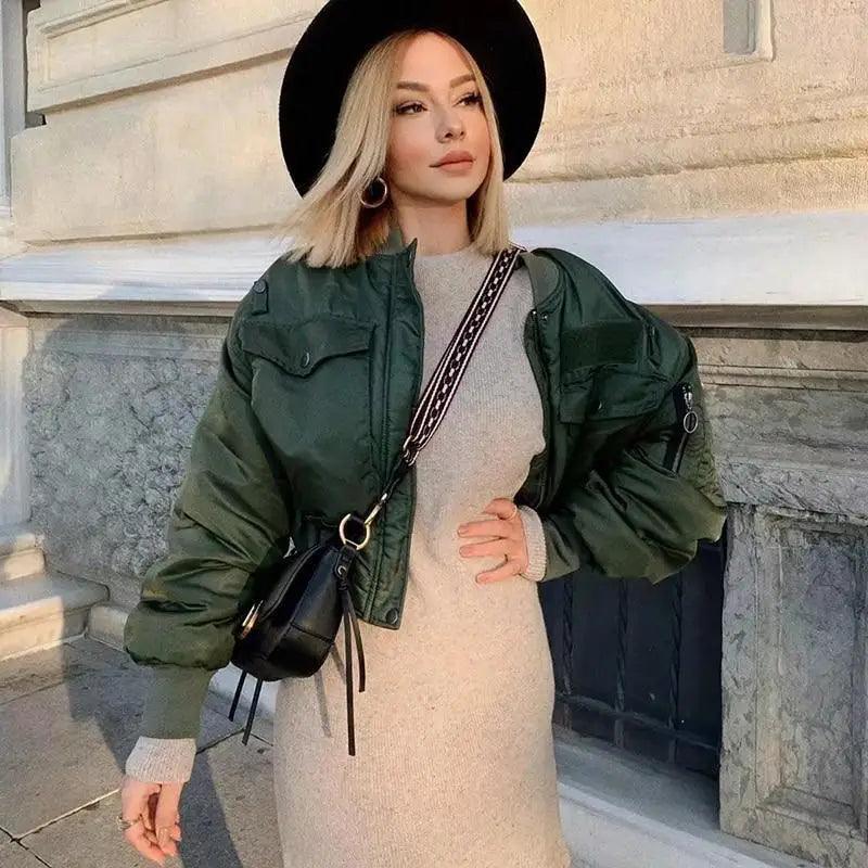 New Classic Design Autumn Winter Green Short Jackets Women Fashionable Long Sleeve Zipper Bomber Jacket Outwear Women's Coat Stevvex