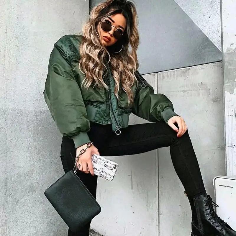 New Classic Design Autumn Winter Green Short Jackets Women Fashionable Long Sleeve Zipper Bomber Jacket Outwear Women's Coat Stevvex