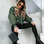 New Classic Design Autumn Winter Green Short Jackets Women Fashionable Long Sleeve Zipper Bomber Jacket Outwear Women's Coat Stevvex