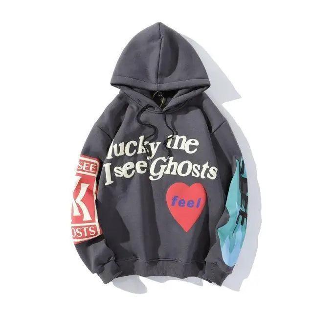 New Cool Printed Hoodies For Men Trendy Stylish Casual Wear For Winter Party Wear  Men Hooded Sweatshirts Lucky Me I See Ghosts Hoodie Hip Hop Street Rapper Unisex Couple Sweatshirt With Novelty Printing for Men Women Stevvex