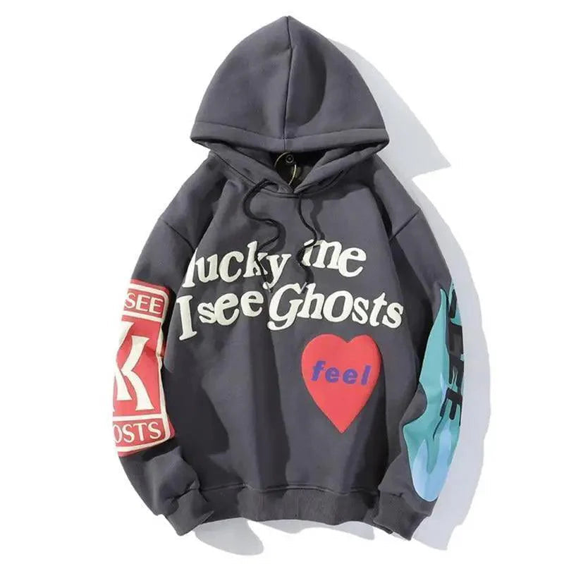 New Cool Printed Hoodies For Men Trendy Stylish Casual Wear For Winter Party Wear  Men Hooded Sweatshirts Lucky Me I See Ghosts Hoodie Hip Hop Street Rapper Unisex Couple Sweatshirt With Novelty Printing for Men Women Stevvex