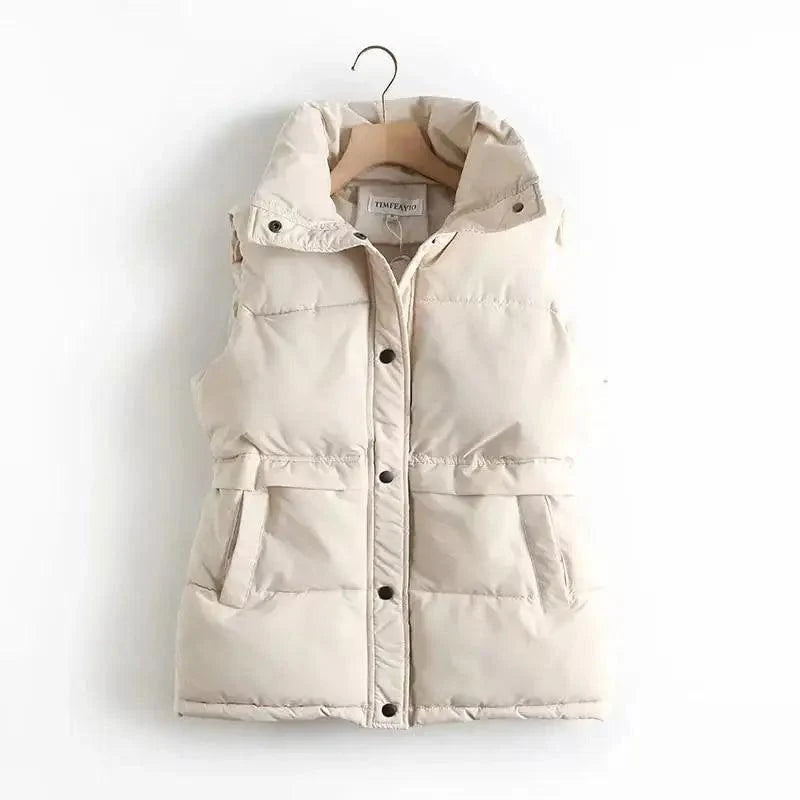New Cotton Padded Autumn Winter Women's Solid Loose Vest Drawstring Stand Collar Long Vest Jacket Women Windproof Warm Waistcoat Stevvex