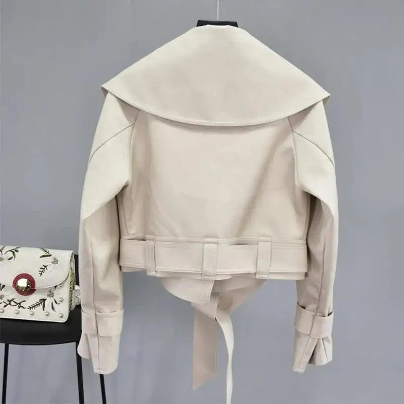 New Elegance Autumn Women's Pu Leather Jackets Short Coat Turndown Collar Belt Lace-up Motorcycle Black Punk Red Overcoat Female Outwear Stevvex