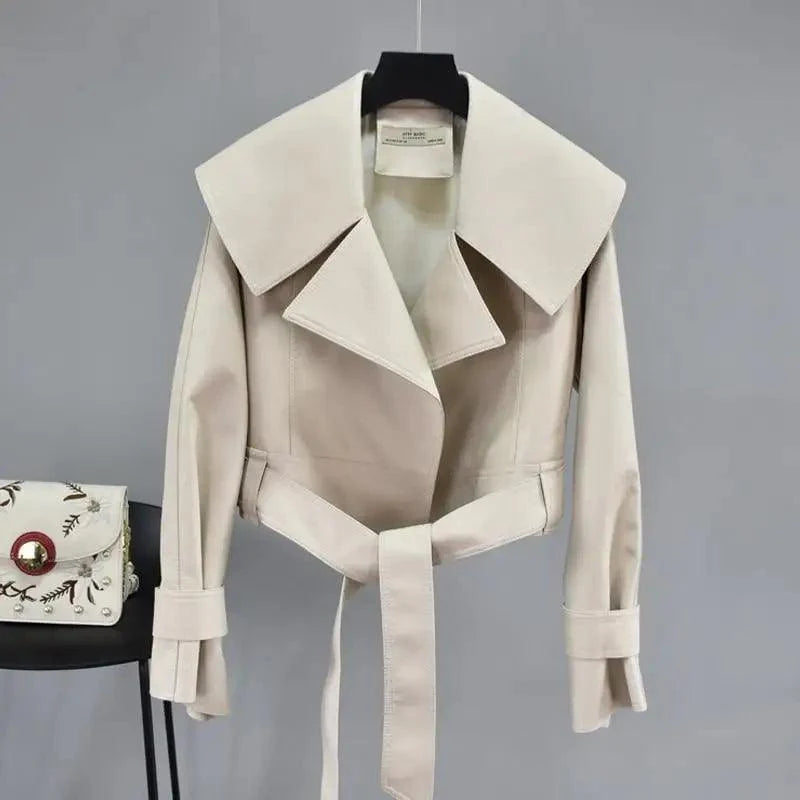 New Elegance Autumn Women's Pu Leather Jackets Short Coat Turndown Collar Belt Lace-up Motorcycle Black Punk Red Overcoat Female Outwear Stevvex