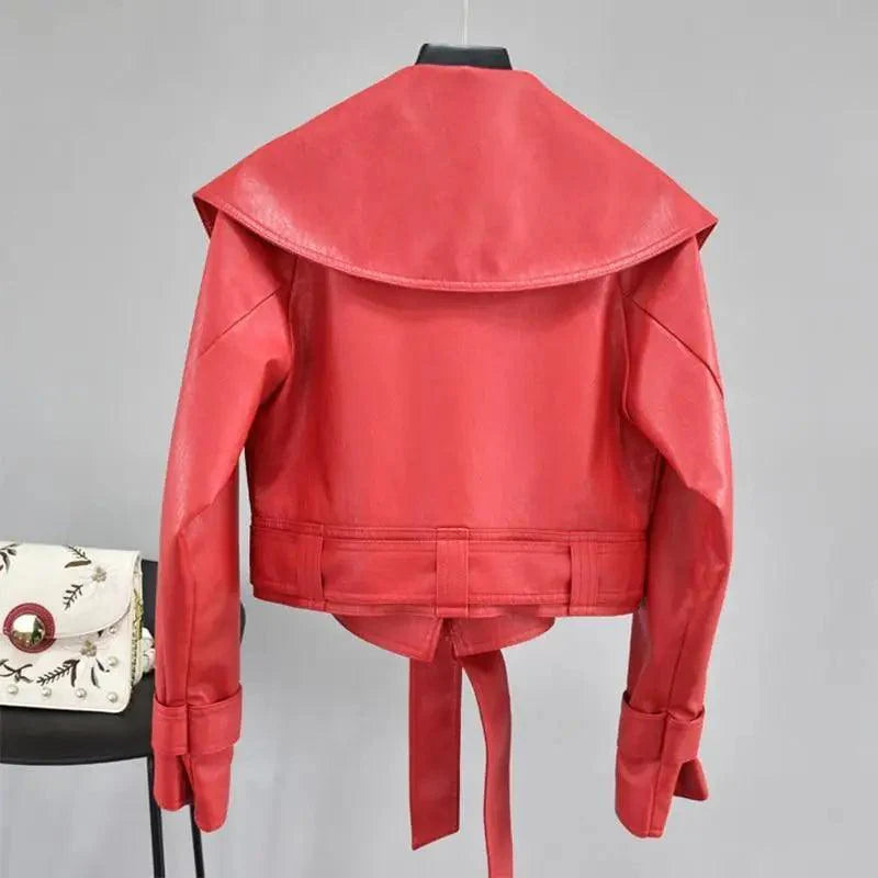 New Elegance Autumn Women's Pu Leather Jackets Short Coat Turndown Collar Belt Lace-up Motorcycle Black Punk Red Overcoat Female Outwear Stevvex