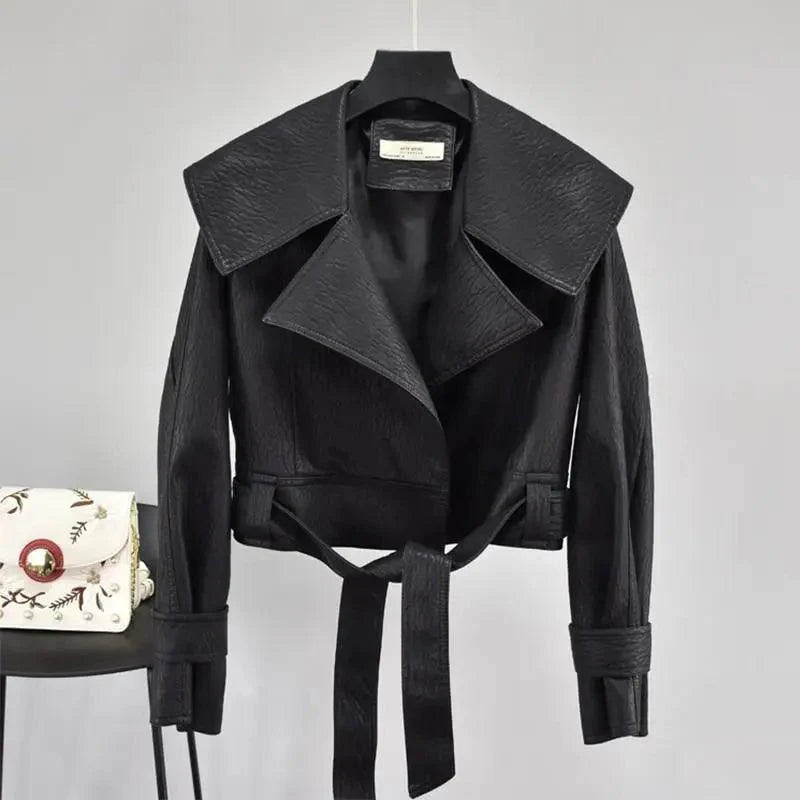 New Elegance Autumn Women's Pu Leather Jackets Short Coat Turndown Collar Belt Lace-up Motorcycle Black Punk Red Overcoat Female Outwear Stevvex