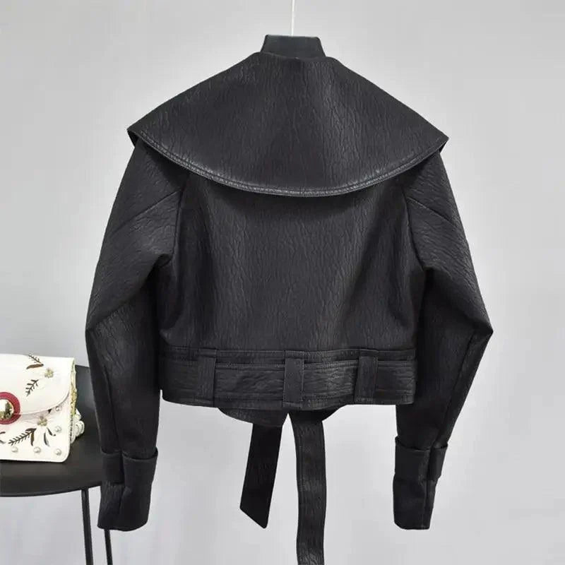 New Elegance Autumn Women's Pu Leather Jackets Short Coat Turndown Collar Belt Lace-up Motorcycle Black Punk Red Overcoat Female Outwear Stevvex