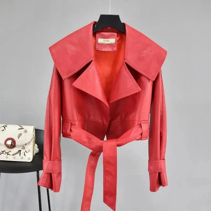 New Elegance Autumn Women's Pu Leather Jackets Short Coat Turndown Collar Belt Lace-up Motorcycle Black Punk Red Overcoat Female Outwear Stevvex
