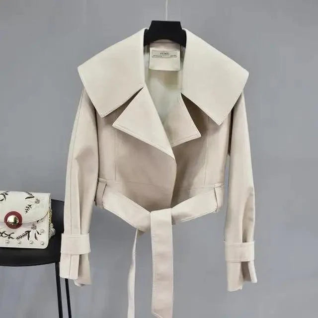 New Elegance Autumn Women's Pu Leather Jackets Short Coat Turndown Collar Belt Lace-up Motorcycle Black Punk Red Overcoat Female Outwear Stevvex