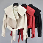 New Elegance Autumn Women's Pu Leather Jackets Short Coat Turndown Collar Belt Lace-up Motorcycle Black Punk Red Overcoat Female Outwear Stevvex