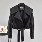New Elegance Autumn Women's Pu Leather Jackets Short Coat Turndown Collar Belt Lace-up Motorcycle Black Punk Red Overcoat Female Outwear Stevvex