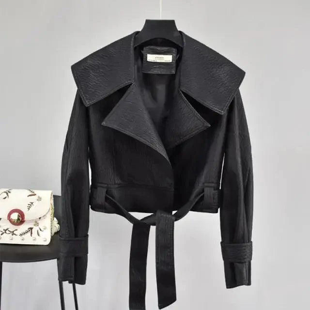 New Elegance Autumn Women's Pu Leather Jackets Short Coat Turndown Collar Belt Lace-up Motorcycle Black Punk Red Overcoat Female Outwear Stevvex