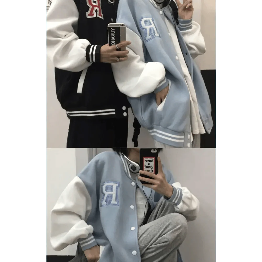 New Elegance Spring Autumn Coat Baseball Bomber Jacket Loose Letter R Men Women Couples Tops Plus Size Jackets Streetwear Stevvex