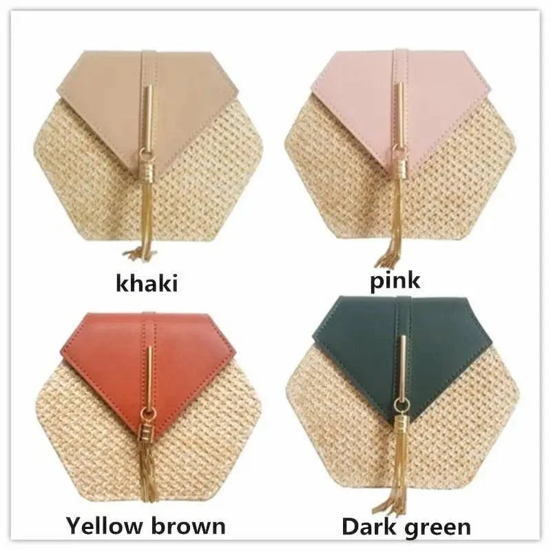 New Famous Mulit Style Straw+leather Handba For Women And Girls  New Fashion Summer Bag Handmade Woven Beach Circle Shoulder Bag Stevvex