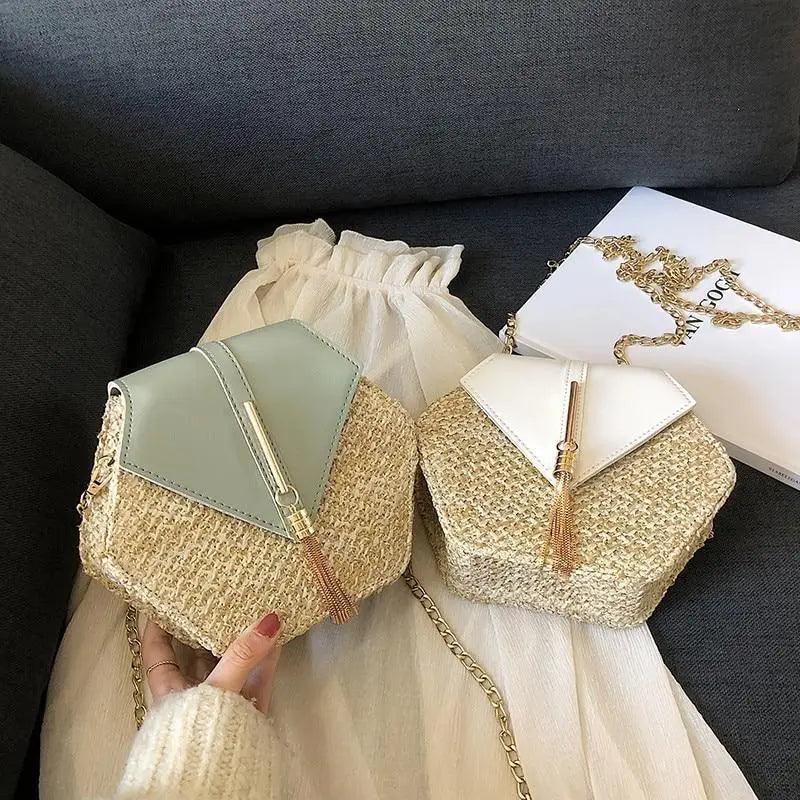 New Famous Mulit Style Straw+leather Handba For Women And Girls  New Fashion Summer Bag Handmade Woven Beach Circle Shoulder Bag Stevvex
