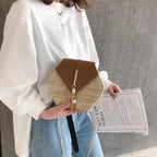 New Famous Mulit Style Straw+leather Handba For Women And Girls  New Fashion Summer Bag Handmade Woven Beach Circle Shoulder Bag Stevvex