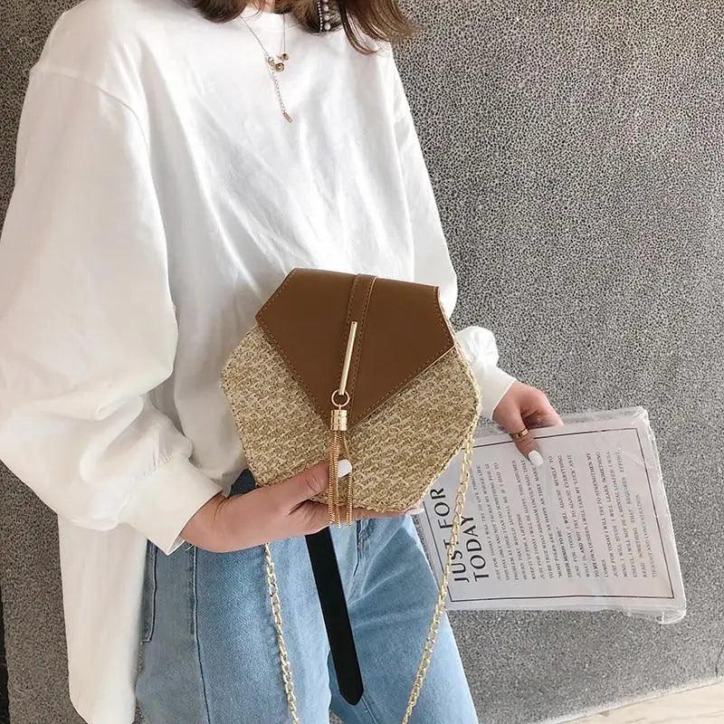 New Famous Mulit Style Straw+leather Handba For Women And Girls  New Fashion Summer Bag Handmade Woven Beach Circle Shoulder Bag Stevvex