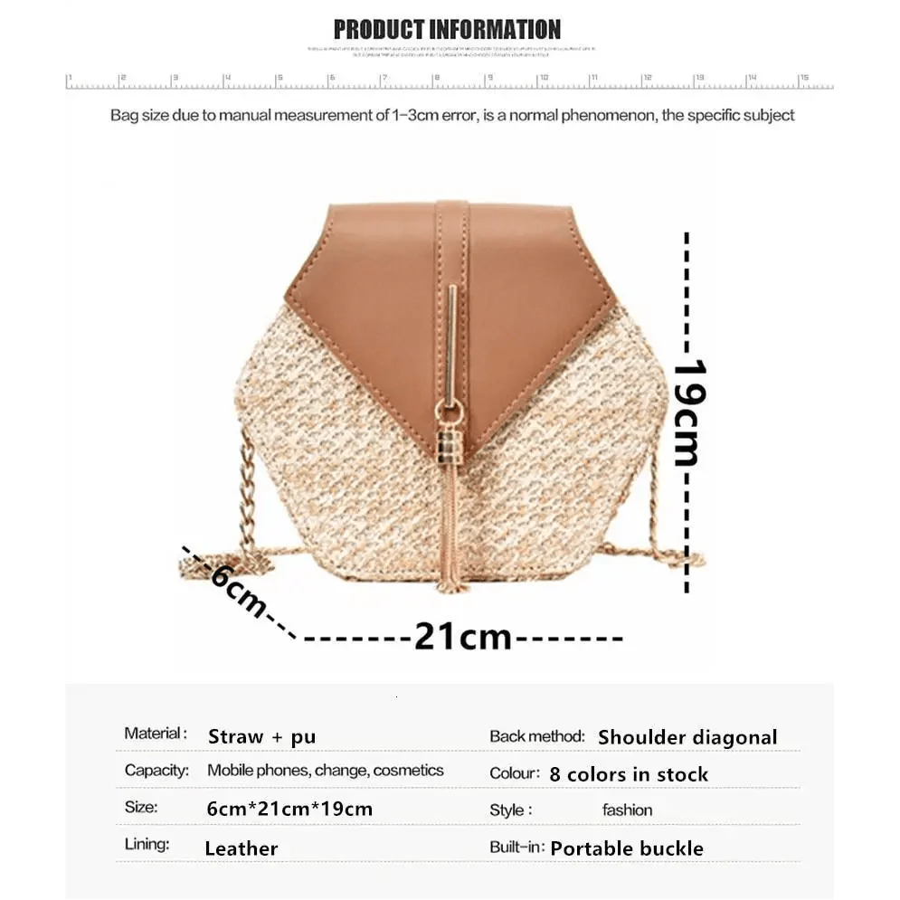 New Famous Mulit Style Straw+leather Handba For Women And Girls  New Fashion Summer Bag Handmade Woven Beach Circle Shoulder Bag Stevvex