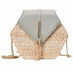 New Famous Mulit Style Straw+leather Handba For Women And Girls  New Fashion Summer Bag Handmade Woven Beach Circle Shoulder Bag Stevvex