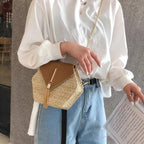 New Famous Mulit Style Straw+leather Handba For Women And Girls  New Fashion Summer Bag Handmade Woven Beach Circle Shoulder Bag Stevvex
