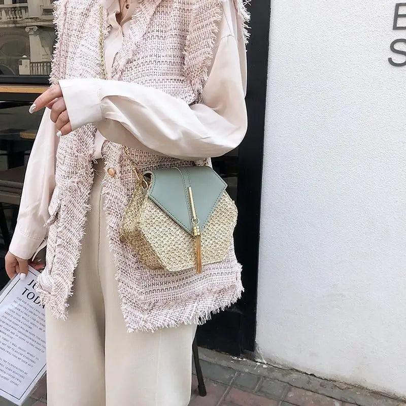New Famous Mulit Style Straw+leather Handba For Women And Girls  New Fashion Summer Bag Handmade Woven Beach Circle Shoulder Bag Stevvex