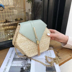 New Famous Mulit Style Straw+leather Handba For Women And Girls  New Fashion Summer Bag Handmade Woven Beach Circle Shoulder Bag Stevvex