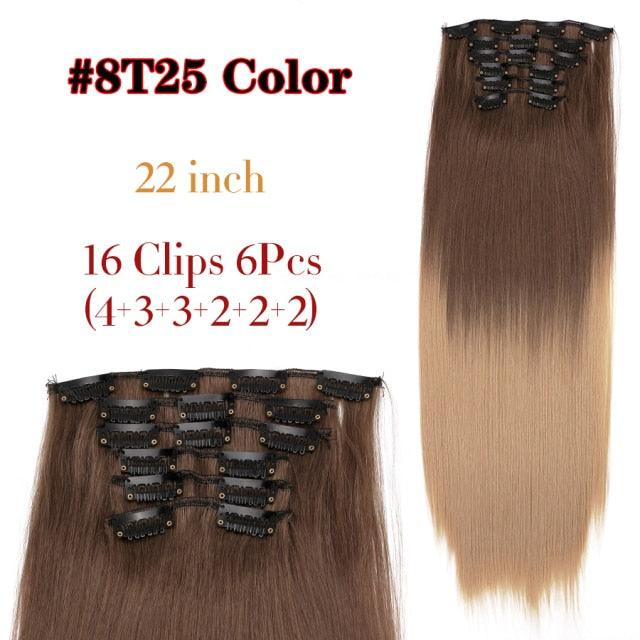 New Fashion 16 Clip In Hair Extension Long Straight Natural Black 6 Pcs/Set 16 Clips 22 Inch Synthetic Hair Piece Wigs For Black Women Cosplay Wigs For Women Stevvex