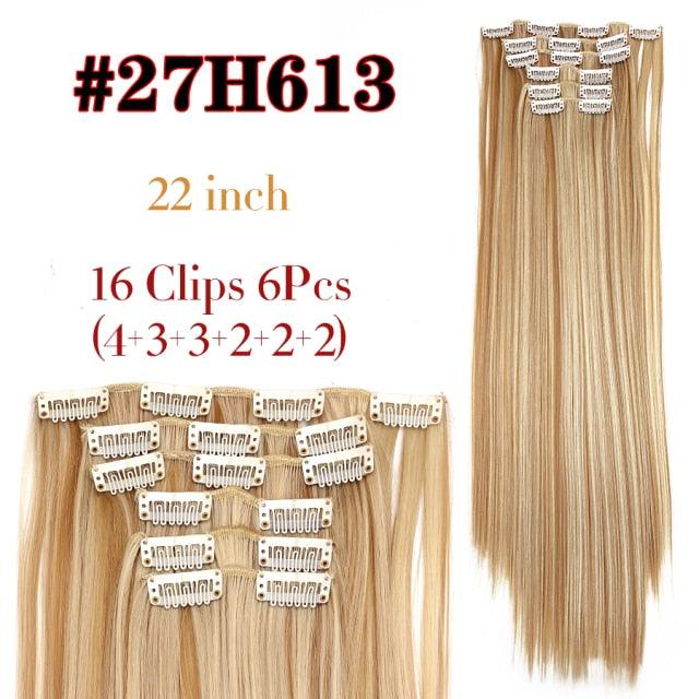 New Fashion 16 Clip In Hair Extension Long Straight Natural Black 6 Pcs/Set 16 Clips 22 Inch Synthetic Hair Piece Wigs For Black Women Cosplay Wigs For Women Stevvex