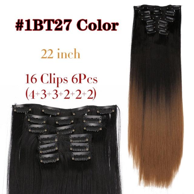 New Fashion 16 Clip In Hair Extension Long Straight Natural Black 6 Pcs/Set 16 Clips 22 Inch Synthetic Hair Piece Wigs For Black Women Cosplay Wigs For Women Stevvex