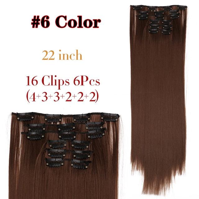 New Fashion 16 Clip In Hair Extension Long Straight Natural Black 6 Pcs/Set 16 Clips 22 Inch Synthetic Hair Piece Wigs For Black Women Cosplay Wigs For Women Stevvex