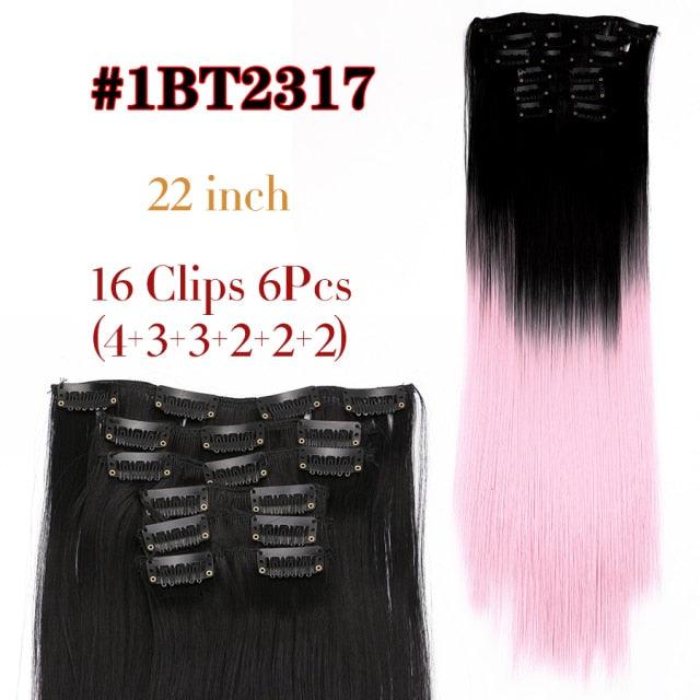New Fashion 16 Clip In Hair Extension Long Straight Natural Black 6 Pcs/Set 16 Clips 22 Inch Synthetic Hair Piece Wigs For Black Women Cosplay Wigs For Women Stevvex