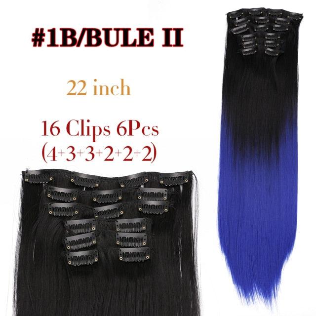 New Fashion 16 Clip In Hair Extension Long Straight Natural Black 6 Pcs/Set 16 Clips 22 Inch Synthetic Hair Piece Wigs For Black Women Cosplay Wigs For Women Stevvex