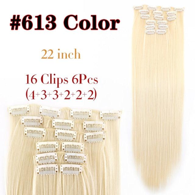 New Fashion 16 Clip In Hair Extension Long Straight Natural Black 6 Pcs/Set 16 Clips 22 Inch Synthetic Hair Piece Wigs For Black Women Cosplay Wigs For Women Stevvex