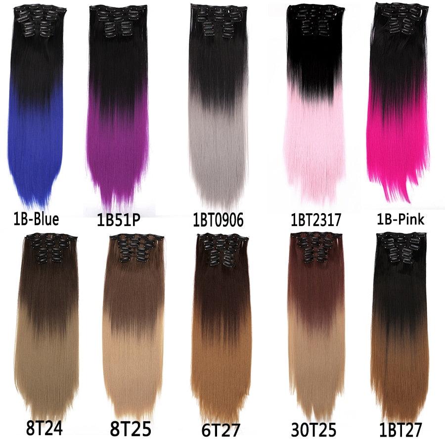 New Fashion 16 Clip In Hair Extension Long Straight Natural Black 6 Pcs/Set 16 Clips 22 Inch Synthetic Hair Piece Wigs For Black Women Cosplay Wigs For Women Stevvex