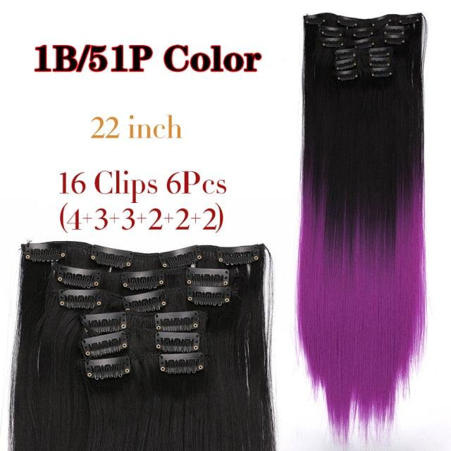 New Fashion 16 Clip In Hair Extension Long Straight Natural Black 6 Pcs/Set 16 Clips 22 Inch Synthetic Hair Piece Wigs For Black Women Cosplay Wigs For Women Stevvex