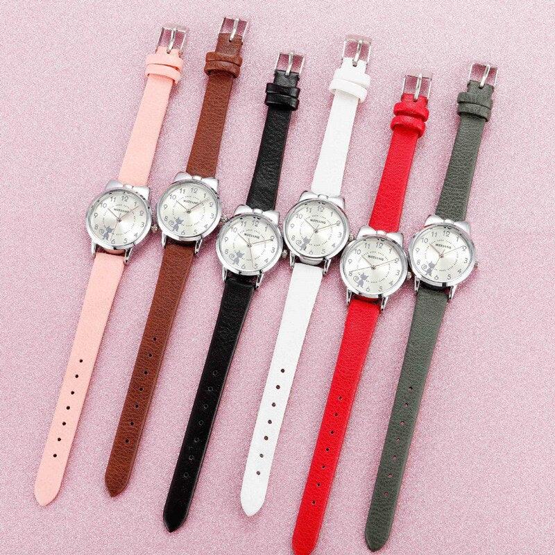 New Fashion Childrens Watch Analog Children Quartz Watch With Bracelet Set Little Cat Watch Kids Children Quartz Electronic Watch Unisex Wrist Leather Strap Watches Stevvex