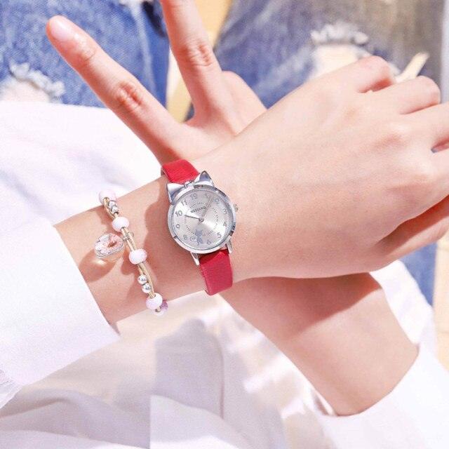 New Fashion Childrens Watch Analog Children Quartz Watch With Bracelet Set Little Cat Watch Kids Children Quartz Electronic Watch Unisex Wrist Leather Strap Watches Stevvex