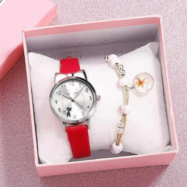 New Fashion Childrens Watch Analog Children Quartz Watch With Bracelet Set Little Cat Watch Kids Children Quartz Electronic Watch Unisex Wrist Leather Strap Watches Stevvex