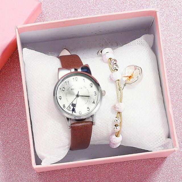 New Fashion Childrens Watch Analog Children Quartz Watch With Bracelet Set Little Cat Watch Kids Children Quartz Electronic Watch Unisex Wrist Leather Strap Watches Stevvex