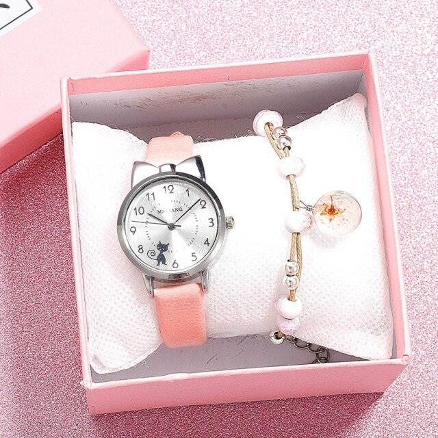 New Fashion Childrens Watch Analog Children Quartz Watch With Bracelet Set Little Cat Watch Kids Children Quartz Electronic Watch Unisex Wrist Leather Strap Watches Stevvex